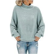 UTSJKR Women's Fall Knit Sweaters Casual Loose Cozy Oversized Chunky Jumper Lantern Sleeve Long Sleeve Sweaters 2024 Fashion Clothing Classic Solid Turtle Neck Pullover Tops Light Blue XXXL
