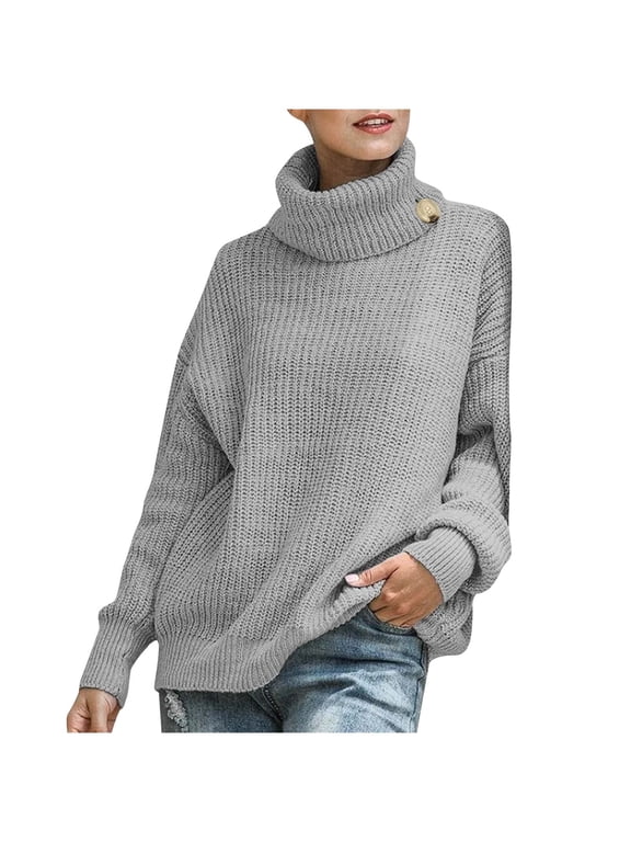 Women's Fall Knit Sweaters Lantern Long Sleeve Sweaters 2024 Fashion Clothing Elegant Solid Turtleneck Pullover Tops Casual Loose Oversized Chunky Jumper Knitwear Gray M