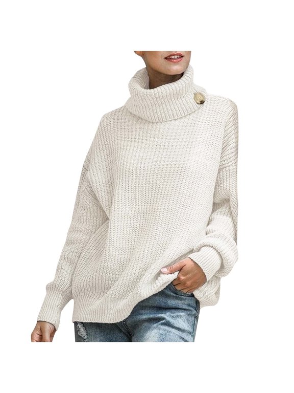 Women's Fall Knit Sweaters Lantern Long Sleeve Sweaters 2024 Fashion Clothing Elegant Solid Turtleneck Pullover Tops Casual Loose Oversized Chunky Jumper Knitwear White L