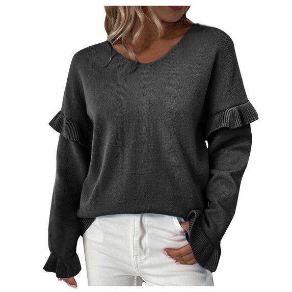 UTSJKR Women's Fall Knit Sweaters Petal Sleeve Long Sleeve Sweaters 2024 Fashion Classic Solid Crew Neck Pullover Tops Loose Cozy Going Out Oversized Jumper Knitwear Black XXL