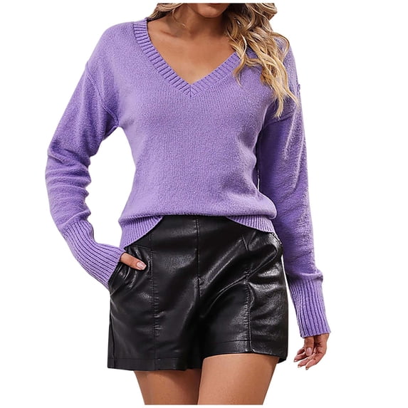 UTSJKR Women's Fall Sweaters Deals Classic Solid Crew Neck Tunic Pullover Tops Lightweight Knit Jumper Shirts Casual Loose Fit Long Sleeve Sweaters 2024 Fashion Clothing Purple XL