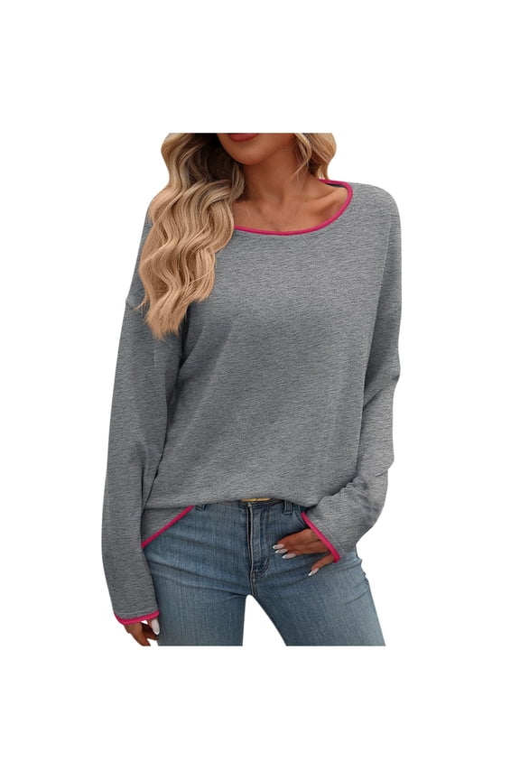 Women's Fall Sweaters Long Sleeve Sweaters 2024 Fashion Clothing Color Block Crew Neck Tunic Pullover Tops Casual Loose Fit Lightweight Oversized Blouses Gray S