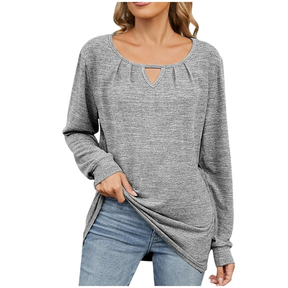 UTSJKR Women's Fall Tunic Tops Classic Solid Hollowed Crew Neck Blouses Vacation Basic Loose Fit Work Business Tops Long Sleeve Tops 2024 Fashion Gray M