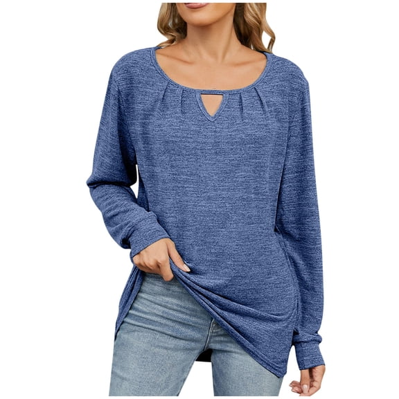 UTSJKR Women's Fall Tunic Tops Classic Solid Hollowed Crew Neck Blouses Vacation Basic Loose Fit Work Business Tops Long Sleeve Tops 2024 Fashion Blue XXL