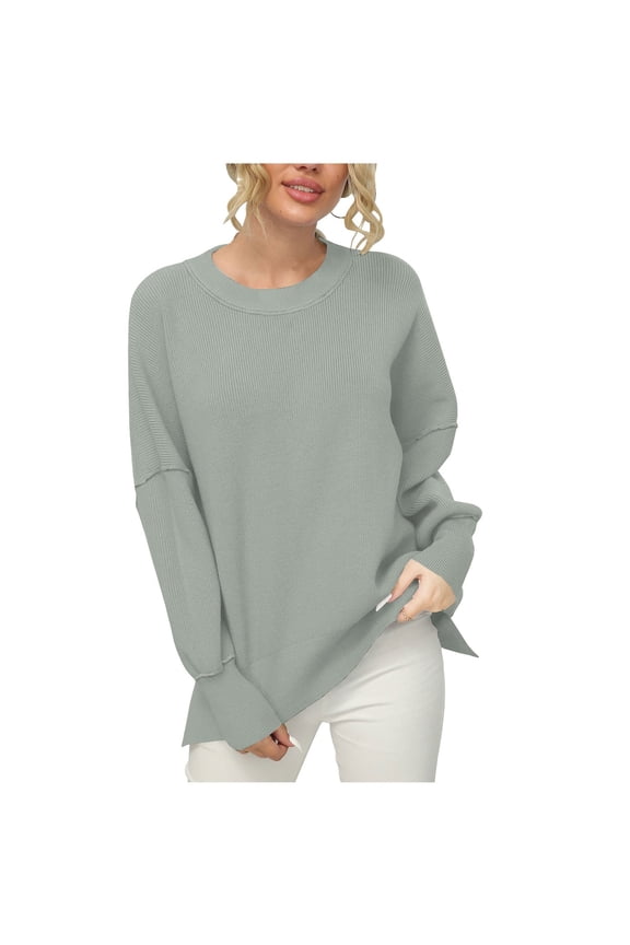 Women's Fall Winter Oversized Sweaters Ribbed Knit Cozy Side Split Jumper Long Sleeve Going Out Sweaters 2024 Fashion Clothing Classic Solid Crew Neck Pullover Tops Gray L