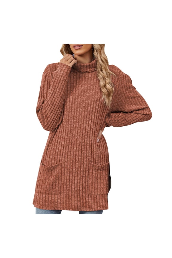 Women's Fall Winter Sweaters 2024 Fashion Clothing Classic Solid Turtle Neck Tunic Pullover Tops Ribbed Knit Cozy Pockets Oversized Chunky Jumper Long Sleeve Sweaters Orange M