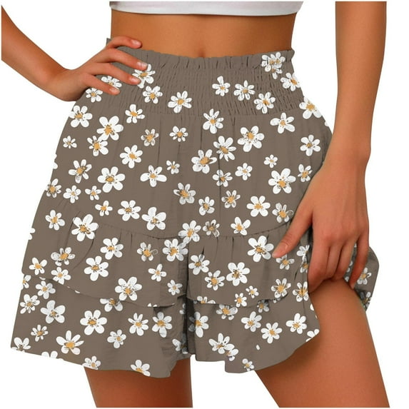 UTSJKR Women's Fashion Floral Printed Shorts Ruffle Skorts High Waist Shorts Skirt A-Line Swing Shorts with Pockets Summer Beach Skater Flaring Shorts Khaki S