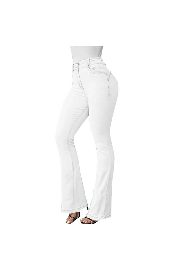 Women's Fashion High Waist Flare Jeans Bell Bottom Denim Stretch Bootcut Long Pants with Buttons White L