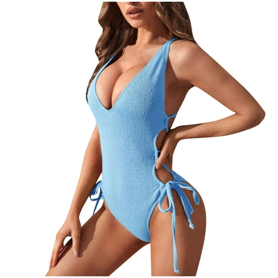 UTSJKR Women's Fashion Lace Up One Piece Swimsuits Sexy Backless Deep-V Swimwear Solid Hollow Out Bathing Suit for Beach Light Blue S