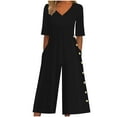 thumbnail image 1 of UTSJKR Women's Fashion Loose Fit Jumpsuit Clearance V Neck 3/4 Sleeve Buttons Side Split Solid Wide Leg Palazzo Romper Playsuit Black S, 1 of 6