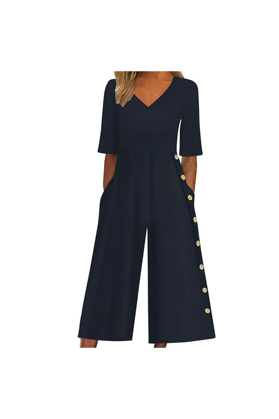 Women's Fashion Loose Fit Jumpsuit V Neck 3/4 Sleeve Buttons Side Split Solid Wide Leg Palazzo Romper Playsuit Navy L