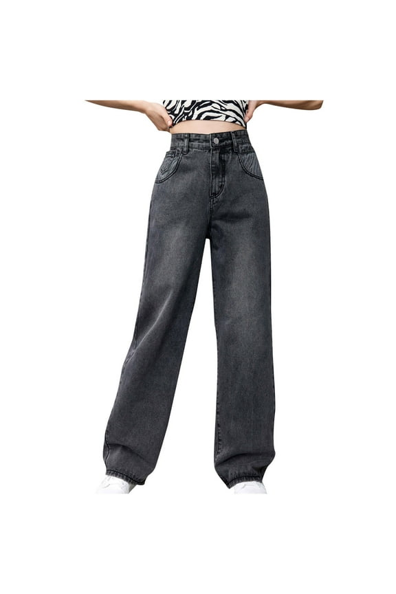 Women's Fashion Streetwear Jeans High Waist Straight Leg Oversized Wide Leg Cargo Jeans with Pockets Baggy Boyfriend Denim Pants Gray M