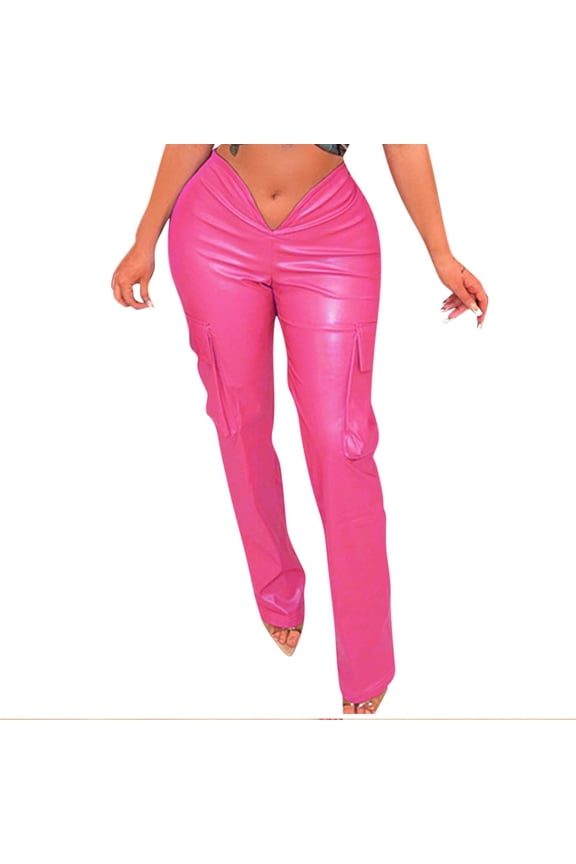 Women's Faux Leather Hollow out Pants High Waist PU Leather Cargo Pants with Pockets Streetwear Straight Long Trousers Black Gothic Punk Style Pants Hot Pink 10