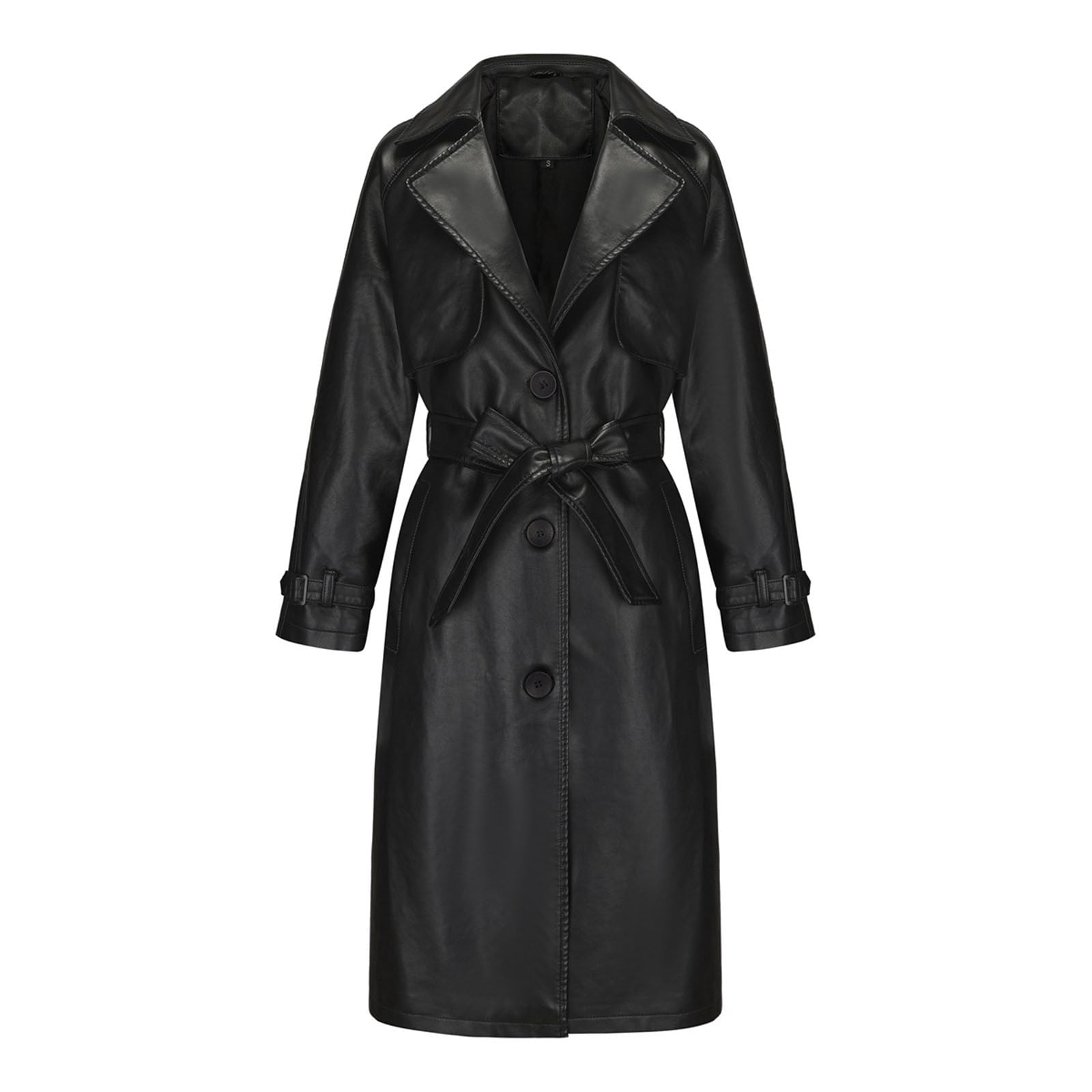 UTSJKR Women's Faux Leather Trench Coat 2024 Fall Winter Long Sleeve Belted Overcoat Trendy Loose Fit Lapel Button Down Jacket Black M