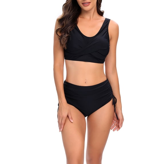 UTSJKR Women's Flattering Bathing Suit Solid Color High Waisted 2 Piece Scoop Neck Tankini with Shorts Tummy Control Swimwear Black XXL
