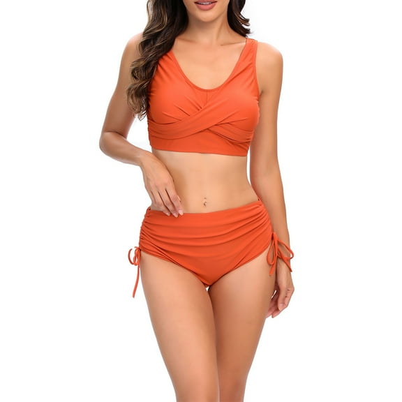 UTSJKR Women's Flattering Bathing Suit Solid Color High Waisted 2 Piece Scoop Neck Tankini with Shorts Tummy Control Swimwear Orange XL