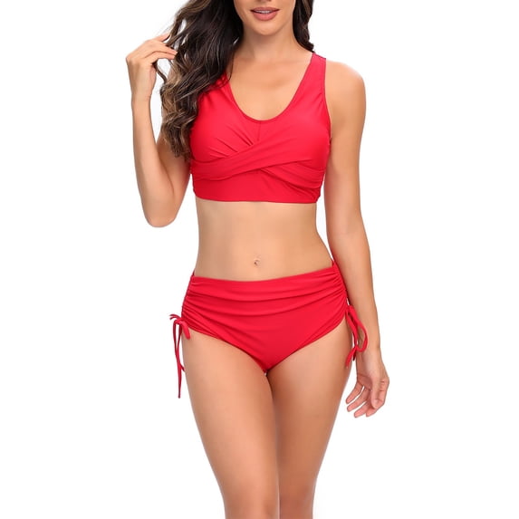 UTSJKR Women's Flattering Bathing Suit Solid Color High Waisted 2 Piece Scoop Neck Tankini with Shorts Tummy Control Swimwear Red S