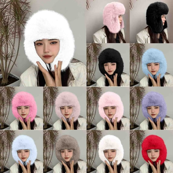 UTSJKR Women's Fluffy Trapper Hat, Long Pile Faux Fur Ushanka hat with Buckle, Luxurious Mink-Style Winter Warm Hat Brown