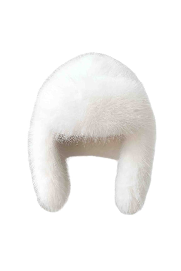 Women's Fluffy Trapper Hat, Long Pile Faux Fur Ushanka hat with Buckle, Luxurious Mink-Style Winter Warm Hat White