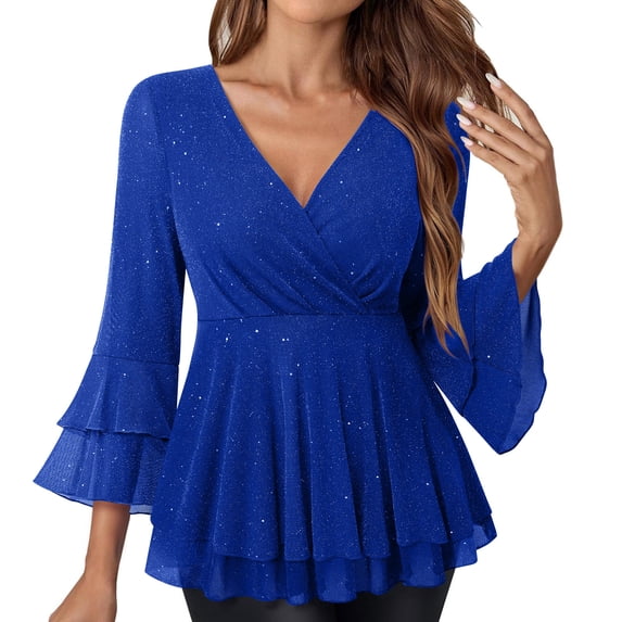 UTSJKR Women's Formal Dressy Tops 3/4 Sleeve Double Layers Mesh Tunic Shirts Spring Fashion Evening Party Blouse Blue L