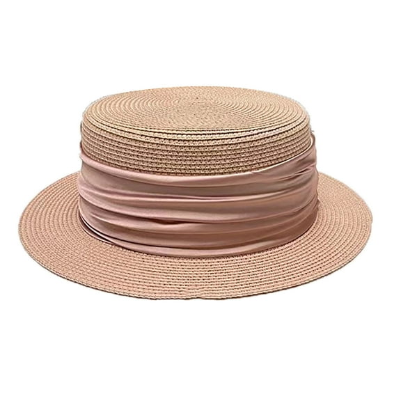UTSJKR Women's French Boater Woven Straw Hat Summer Skimmer Sombrero Fedoras with Ribbon Band Classic Straw Flat Top Sun Hat Pink