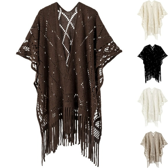 UTSJKR Women's Fringe Shrug Sweaters Shawl Front Wrap Cardigan Hollow Out Knitted Shawl Wraps Casual Loose Fit Clothes Beige