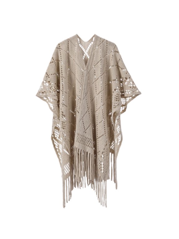Women's Fringe Shrug Sweaters Shawl Front Wrap Cardigan Hollow Out Knitted Shawl Wraps Casual Loose Fit Clothes Khaki