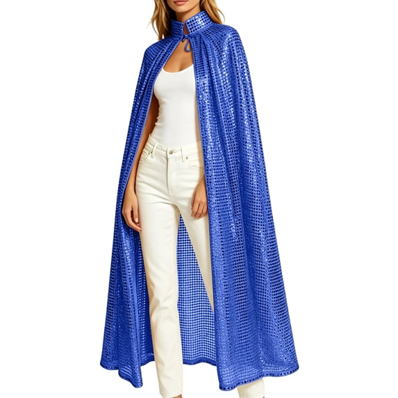 UTSJKR Women's Full‑length Sequin Cape Cloak, Stand Collar Tie‑up Sparkling Poncho, Shiny Outerwear for Cosplay, Stage Performance and Holiday Costume Parties Blue