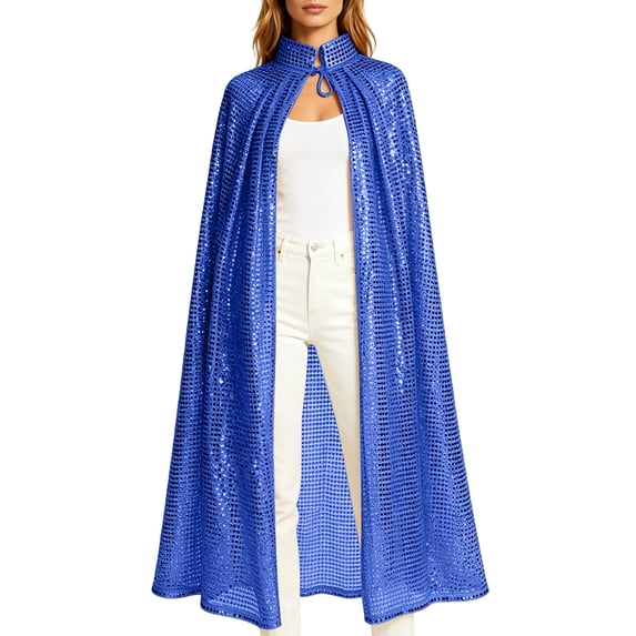 UTSJKR Women's Full‑length Sequin Cape Cloak, Stand Collar Tie‑up Sparkling Poncho, Shiny Outerwear for Cosplay, Stage Performance and Holiday Costume Parties Black