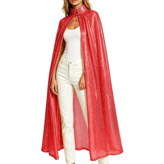 UTSJKR Women's Full‑length Sequin Cape Cloak, Stand Collar Tie‑up Sparkling Poncho, Shiny Outerwear for Cosplay, Stage Performance and Holiday Costume Parties Red
