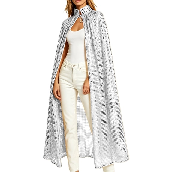 UTSJKR Women's Full‑length Sequin Cape Cloak, Stand Collar Tie‑up Sparkling Poncho, Shiny Outerwear for Cosplay, Stage Performance and Holiday Costume Parties Silver