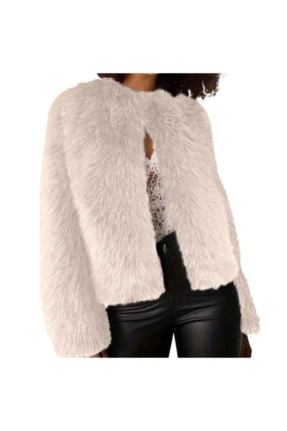 Women's Fuzzy Fleece Jacket Winter Warm Coat Long Sleeve Plush Oversized Outwear Soft Cozy Open Front Cardigan Beige M
