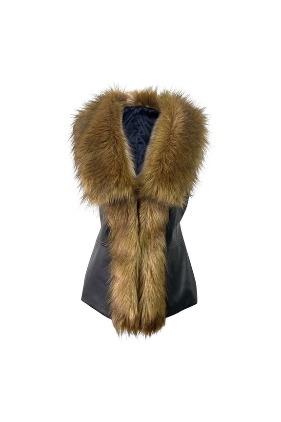 Women's Fuzzy Fleece Sleeveless Vests Winter Warm Collar Faux Leather Vests Solid Color Outwear Zipper 2024 Fashion Coats Khaki M