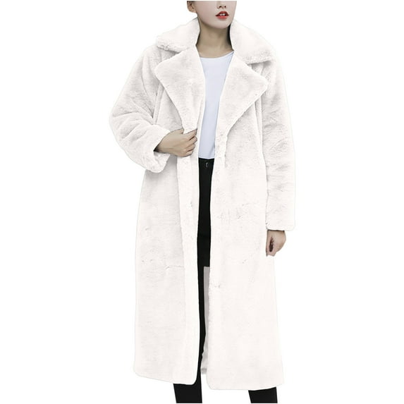 UTSJKR Women's Fuzzy Fleece Winter Jackets Faux Fur Lapel Coats Long Sleeve Button Down Open Front Casual Lapel Neck Thickened Fleece Coats Mid-Length Teddy Coats White L