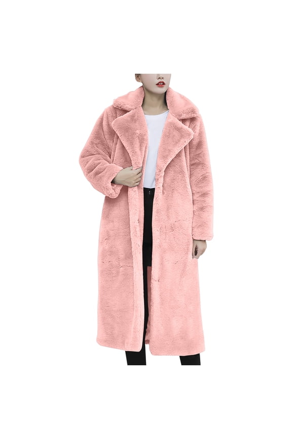 Women's Fuzzy Fleece Winter Jackets Faux Fur Lapel Coats Long Sleeve Button Down Open Front Casual Lapel Neck Thickened Fleece Coats Mid-Length Teddy Coats Pink XXL