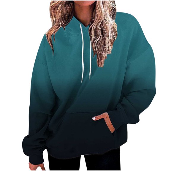 UTSJKR Women's Gradient Hoodled Sweatshirts with Pockets 2024 Trendy Ombre Tops Hooded Neck Sweatshirts Casual Loose Fit Blouse Drop Shoulder Long Sleeve Tops Black L
