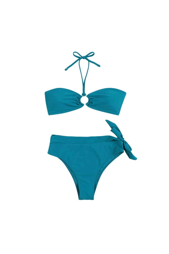 Women's Halter Bikini Set Bandeau Bikini O Ring Tie Back High Cut Two Piece Swimsuit Bathing Suits Blue 10