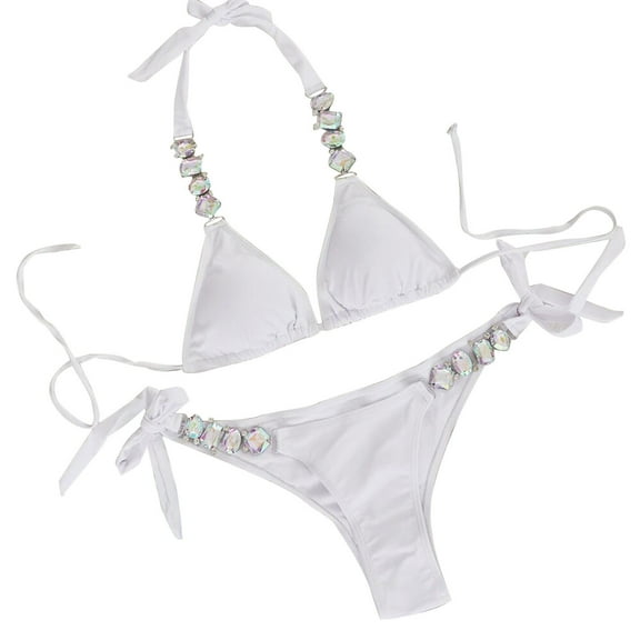 UTSJKR Women's Halter Bikini Swimsuit Two Piece Rhinestone Bikini Set Bikini Bathing Suit Crystal Side Bottom Triangle Bikini Halter Swimsuits White 8-10