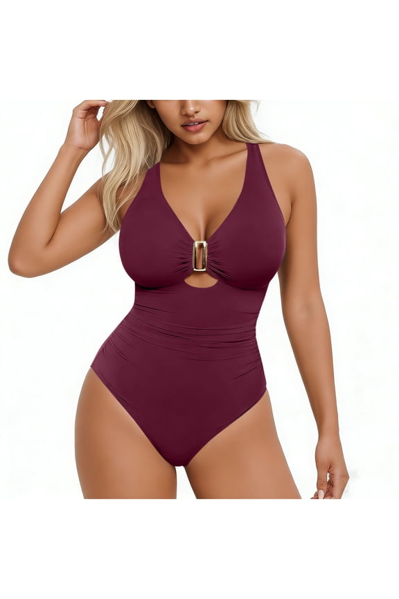 Women's Halter V-Neck One-Piece Swimsuit, Ruched Tummy Control Wrap Bathing Suit with Adjustable Tie Neck Wine XL