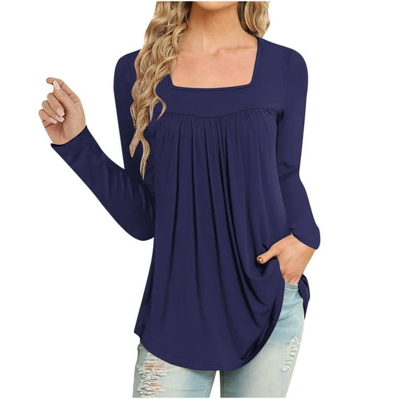 UTSJKR Women's Hide Belly Tunic Tops Elegant Solid Square Neck Blouse Casual Pleated Loose Fit Flowy Fall Tops Long Sleeve Tunic Tops 2024 Fashion Navy M