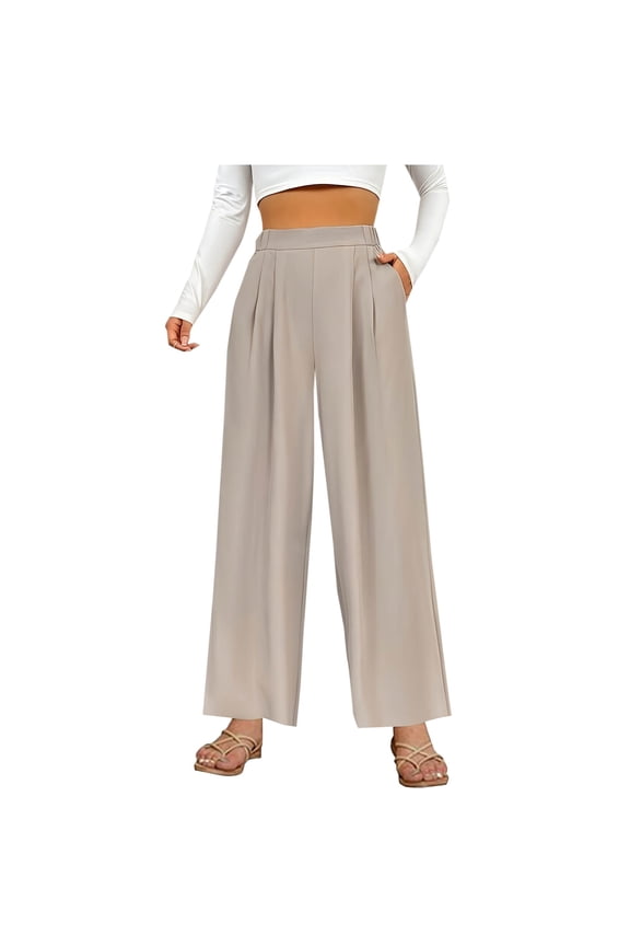 Women's High Waist Palazzo Pants Loose Fit Pleated Wide Leg Trousers with Pockets Office Business Work Pants Khaki L