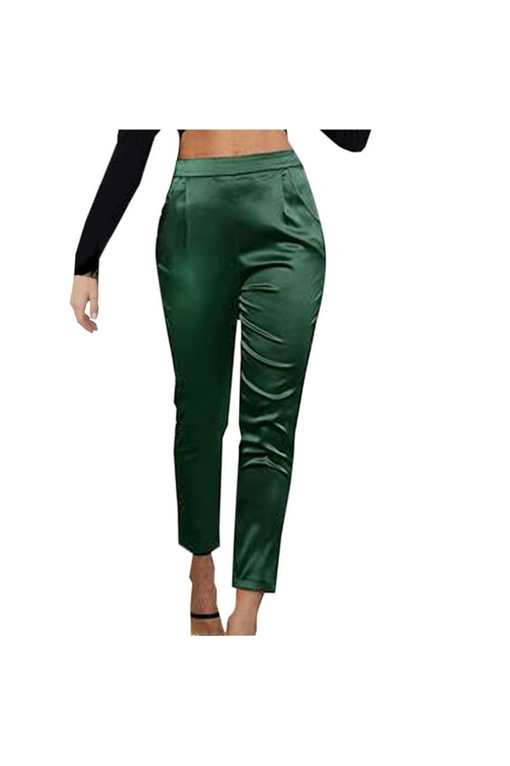 Women's High Waist Satin Straight Leg Pants with Pockets Silky Trousers Casual Office Business Work Capris Ankle Length Pants Green L