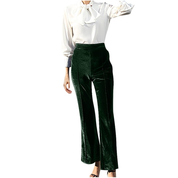 UTSJKR Women's High Waist Velvet Flare Pants Bell Bottom Stretch Long Bootcut Palazzo Trousers Office Work Formal Party Elegant Pants Army Green S