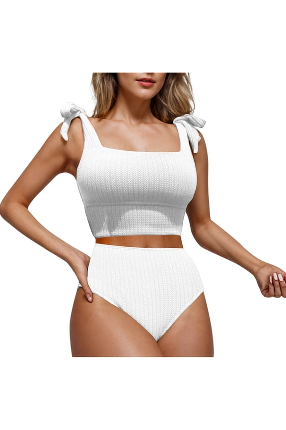 Women's High Waisted Bikini Sets Adjustable Strap Square Neck Swimsuits Modest Cheeky 2 Piece Bathing Suits White XL
