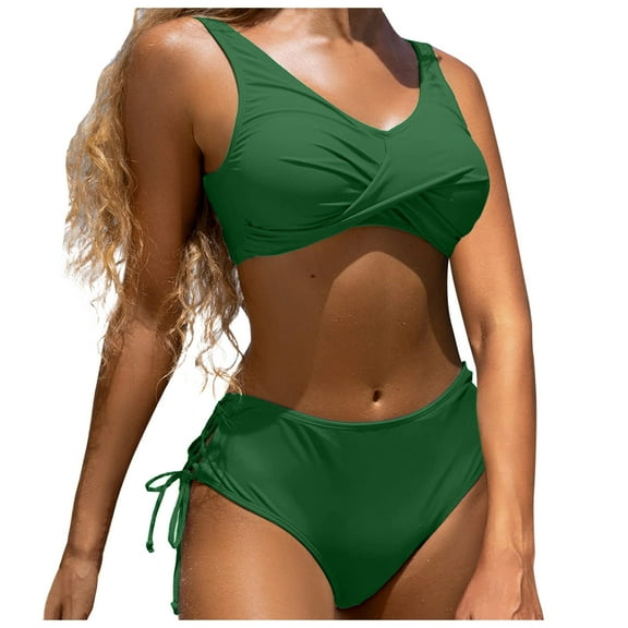 UTSJKR Women's High Waisted Bikini Sets Swimsuits for 2 Piece Hawaiian Tropical Summer Fashion Swim Cami Bra Ruffles Bathing Sets Green M