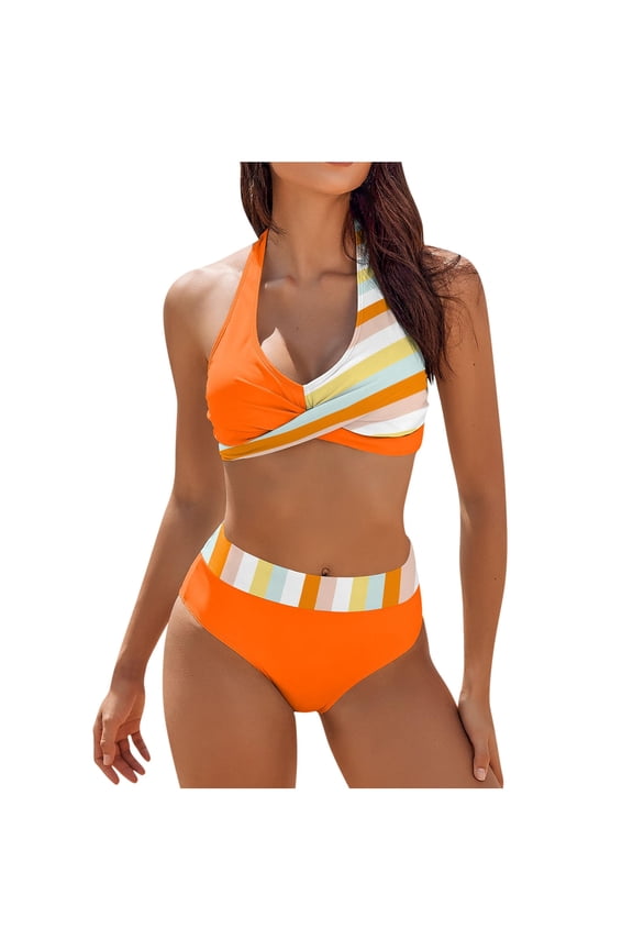 Women's High Waisted Bikini Sets Tummy Control Swimsuits 2025 Two Piece Bathing Suits Color Block Halter Swim Suits Orange 4