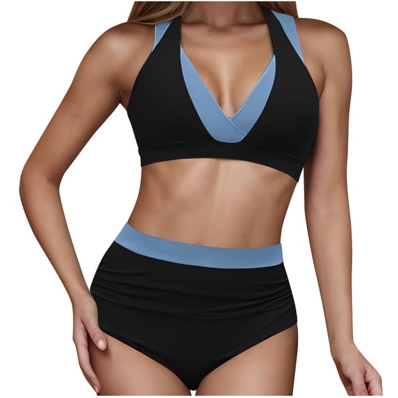 UTSJKR Women's High Waisted Bikini Sets Tummy Control Swimsuits Two Piece Color Block Modest Bathing Suit Black L