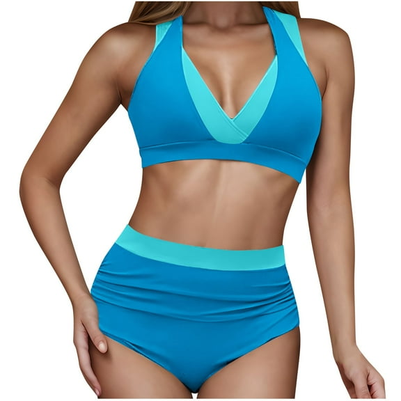 UTSJKR Women's High Waisted Bikini Sets Tummy Control Swimsuits Two Piece Color Block Modest Bathing Suit Blue XL