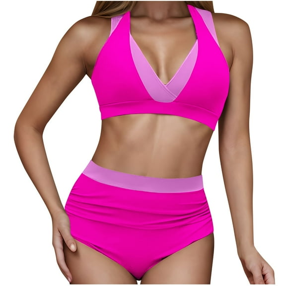 UTSJKR Women's High Waisted Bikini Sets Tummy Control Swimsuits Two Piece Color Block Modest Bathing Suit Hot Pink S
