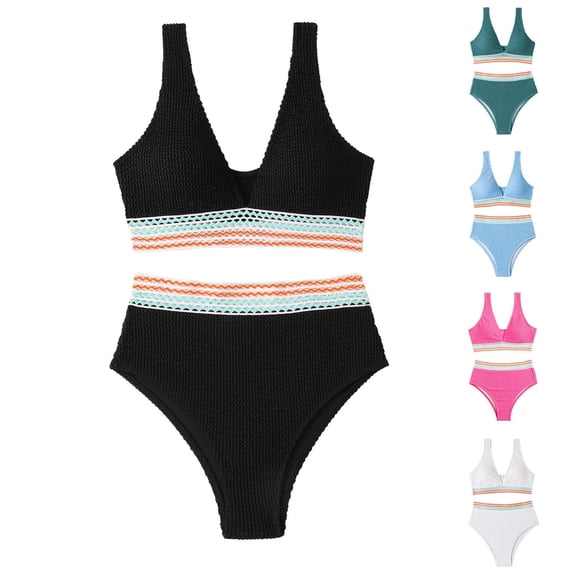 UTSJKR Women's High Waisted Bikini Sets Twist Striped Push Up Two Piece Swimsuit Tummy Control Swimsuits Color Block Two Piece Bathing Suit Black M